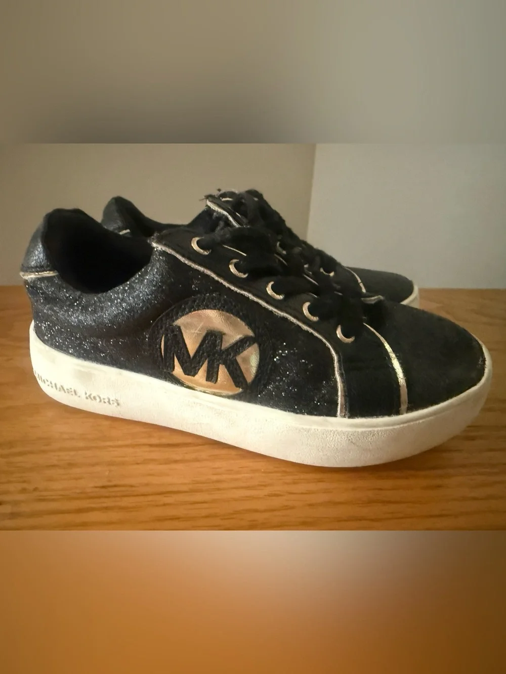 Michael Kors Black Glitter Lace-Up Sneakers with Gold Trim